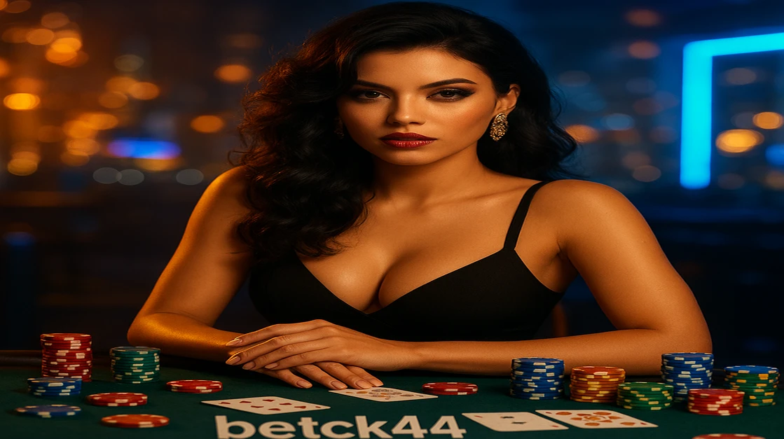 ck44 লাইভ গেমিং-এ একটি সুন্দর ডিলার খেলার টেবিলে ১০০% স্বাগতম বোনাসসহ খেলার আমন্ত্রণ জানাচ্ছেন, চারপাশে চিপস ও ভাসমান সোনা কয়েনগুলোর মাঝে ঘেরা।