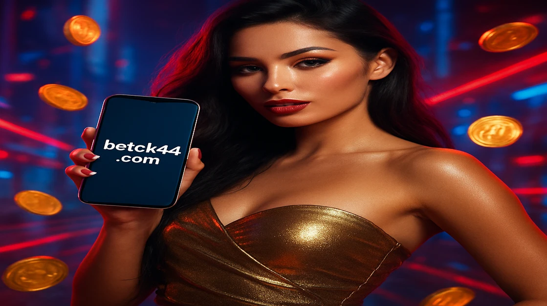 একজন নারী ck44 ক্রিপ্টো-গেমিং প্ল্যাটফর্মে লগইন করতে একটি স্মার্টফোন ধরে আছেন; তাঁর চারপাশে জ্বলন্ত বিটকয়েন মুদ্রা ও একটি ভবিষ্যৎ-গেমিং প্ল্যাটফর্ম পরিবেশ ছড়িয়ে আছে।